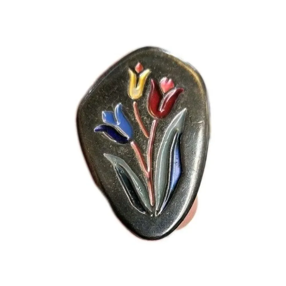 Vintage Sterling Silver Enamel Tulip‎ Flowers Made In Israel Brooch Pin Pendant
